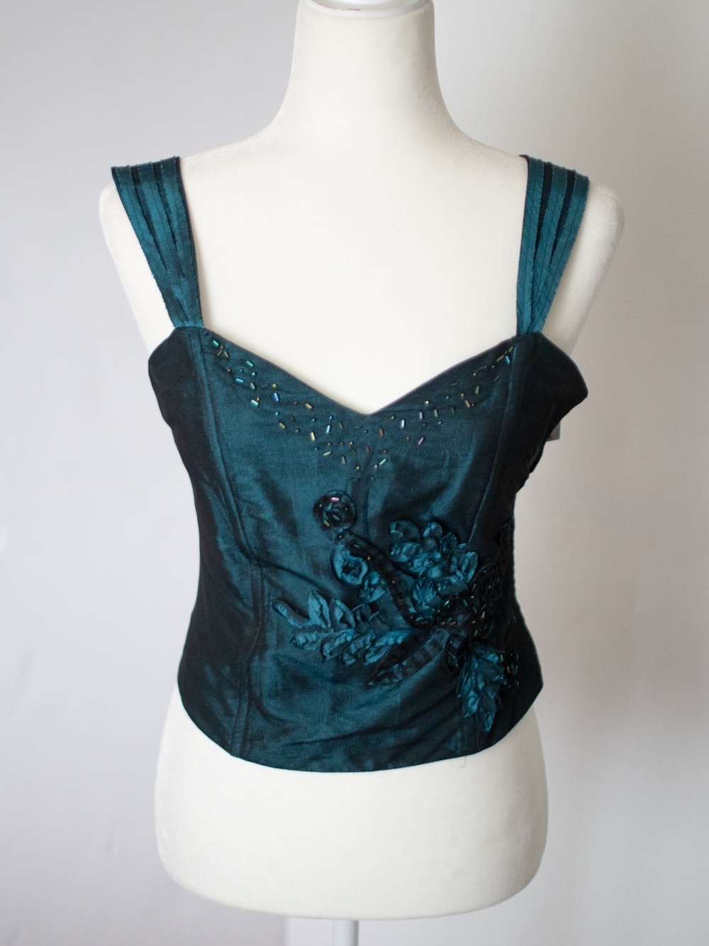 vintage Y2k Per Una Teal Satin Embroidered Corset-Style Camisole